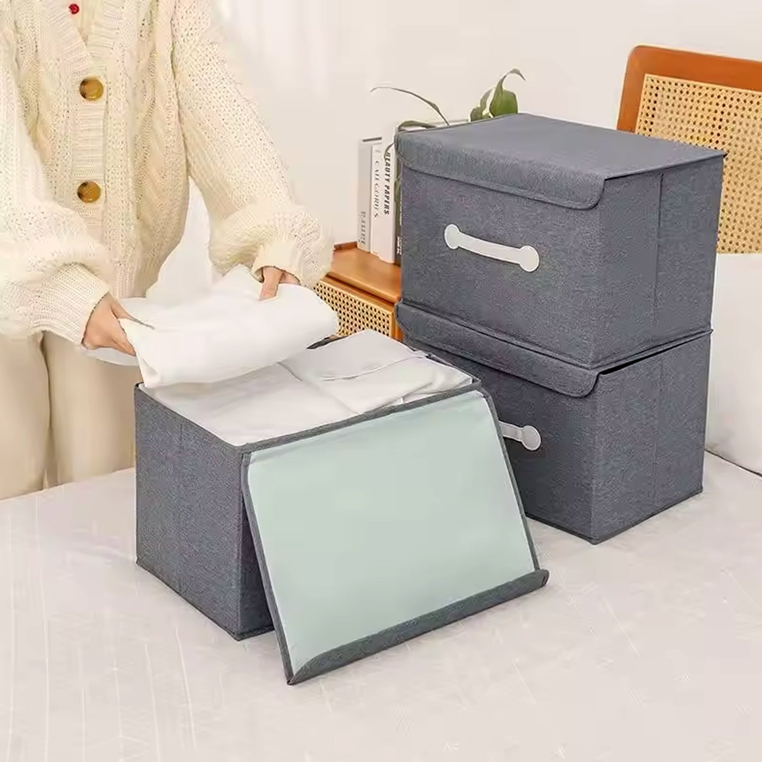Small Foldable Storage Box With Lid And Handles, Cotton And Linen Storage Bins And Baskets Organizer For Nursery, Closet, Bedroom, Home (28×20×16 Cm / 1 pc) Small Foldable Storage Box With Lid And Handles, Cotton And Linen Storage Bins And Baskets Organizer For Nursery, Closet, Bedroom, Home (28×20×16 Cm / 1 pc)